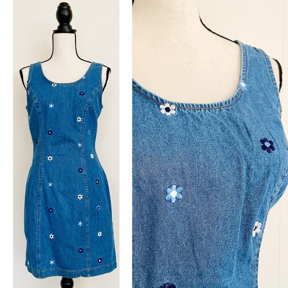 Vintage Dresses & Skirts - SOLD :: Vintage 90s Floral Embroidery Denim Mini Dress